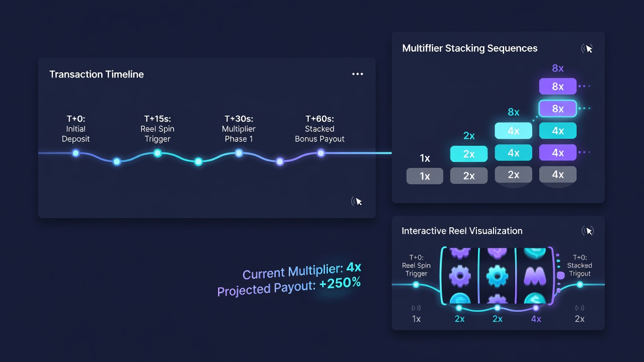 Data visualization of transaction timelines plotted against multiplier accumulation rates on reel platforms