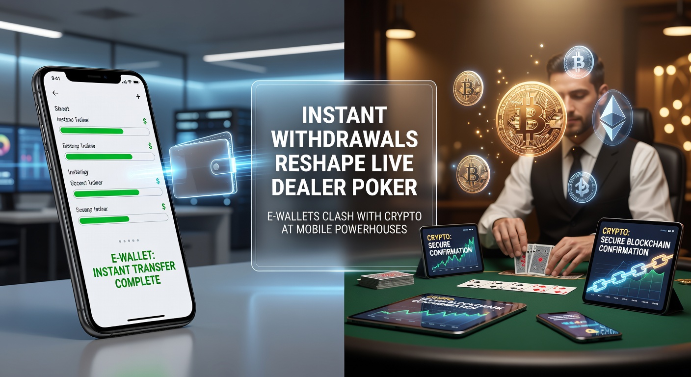 Dynamic graphic showing a poker table with instant cash-out icons flowing from chips to mobile screens, highlighting speed in live dealer games