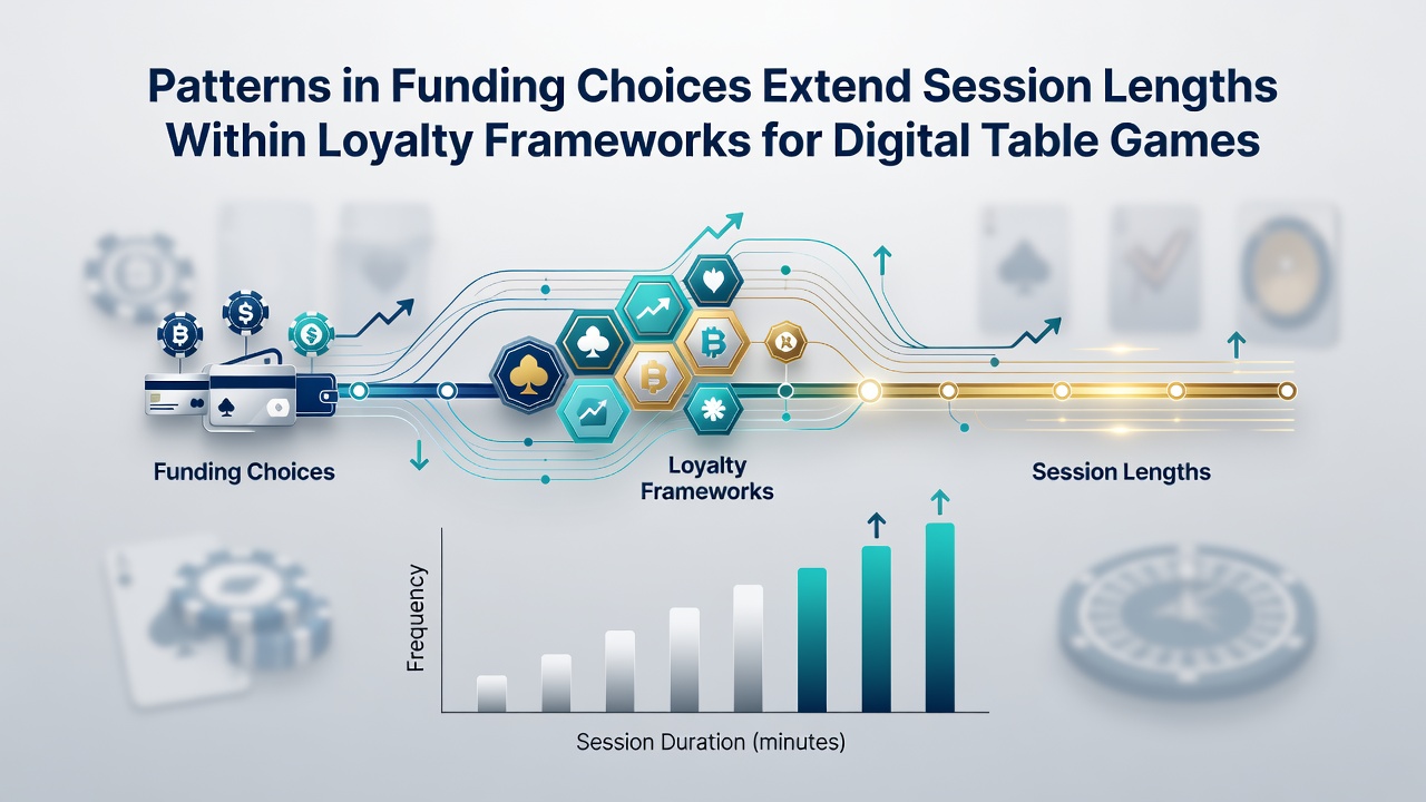Analytics dashboard displaying session length trends tied to loyalty tiers and funding methods in digital table games