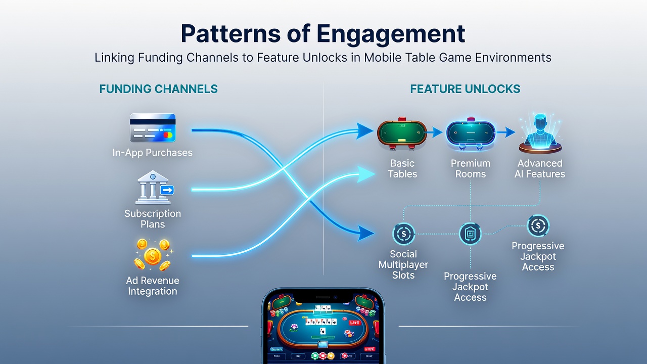 Mobile table game interface showing funding options and unlocked features on a smartphone screen