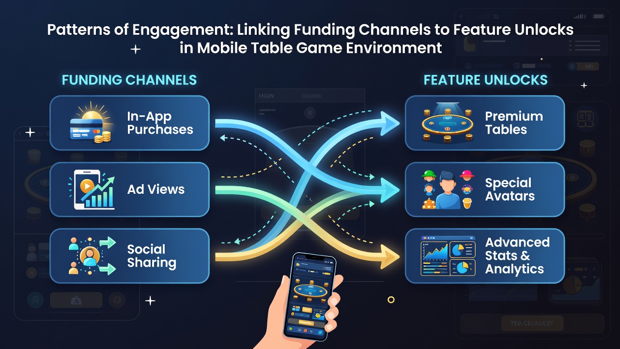 Data visualization of funding channels and feature unlock timelines in mobile table games