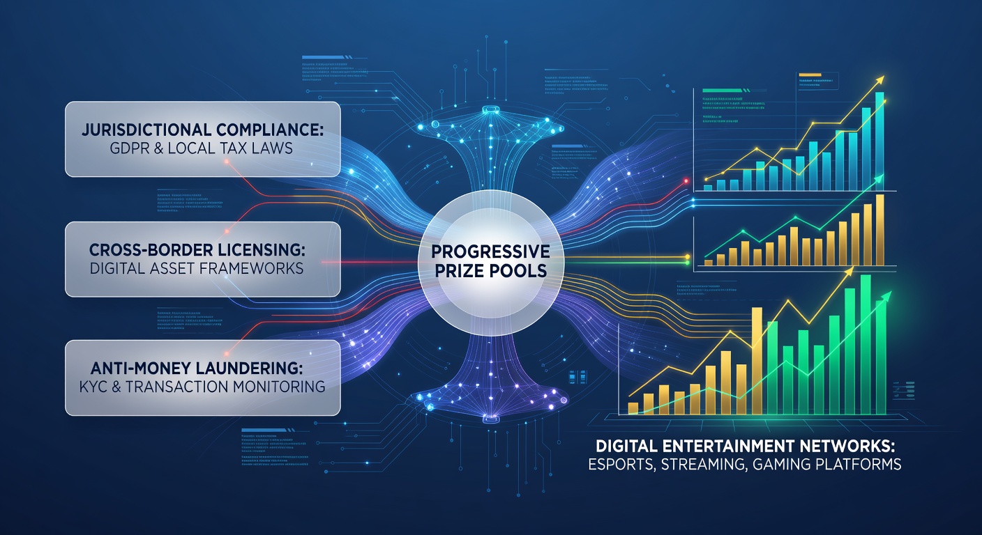 Regulatory compliance dashboard displaying segmented progressive prize pool data across international borders