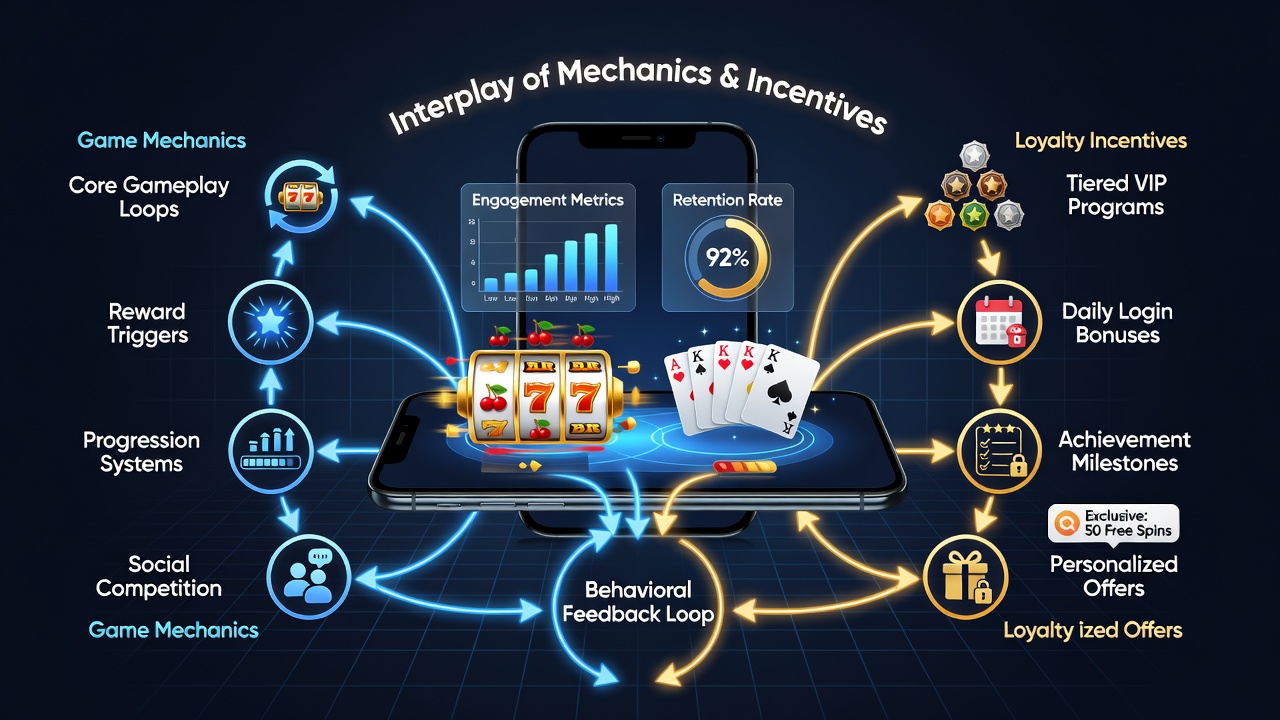Mobile app dashboard showing loyalty tier progression alongside active slot game with reward notifications
